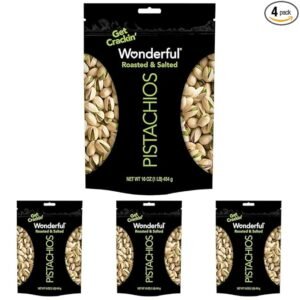 Wonderful Pistachios In Shell, Roasted and Salted Nuts, 16 Ounce Resealable Bag, Healthy Snack, Protein Snack, Pantry Staple (Pack of 4)