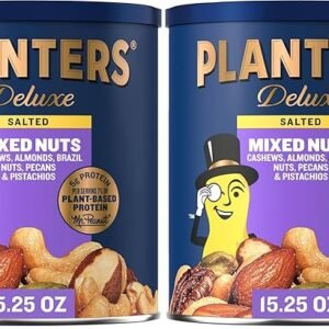 PLANTERS Deluxe Mixed Nuts - Roasted Cashews, Almonds, Brazil Nuts, Pistachios, and Pecans, Plant-Based Protein, Quick Snack, 15.25oz Canister (Pack of 2)