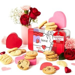 David’s Cookies Valentine\'s Day Shortbread Cookies in Sweet Sampler Tin – Original and Chocolate Chip Shortbread Cookies in a Love-Themed Gift Tin – Gourmet Valentine\'s Food Gift Basket for Her, Him